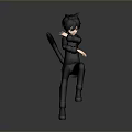 Playful Child in Black Outfit with Tail Jumping in 3D Model Design