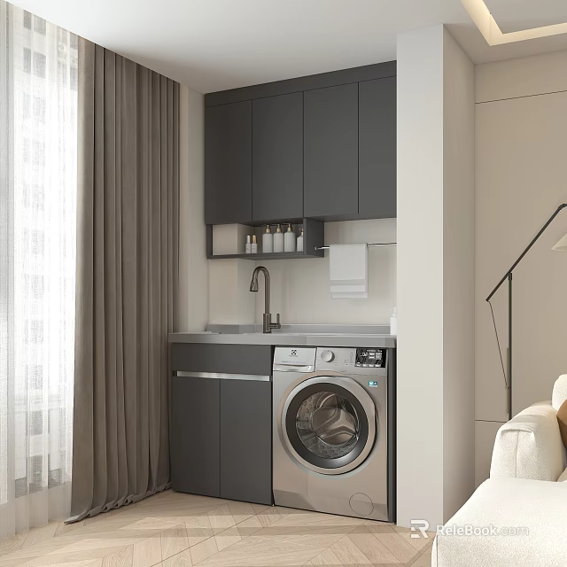 Home Balcony Interior With Dark Gray Cabinets Washing Machine Faucet Sink And Curtains 3d model 