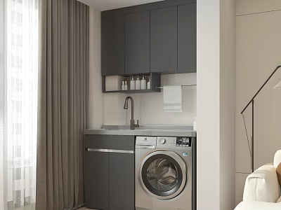 Home Balcony Interior With Dark Gray Cabinets Washing Machine Faucet Sink And Curtains 3d model