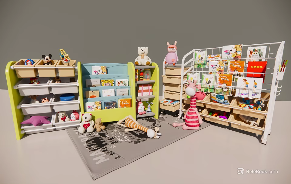 Kids Room Storage Shelves With Stuffed Toys And Colorful Book Storage 3d model 