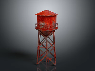Red Rusty Water Tower With Metal Frame Structure On Dark Background 3d model