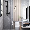 Modern Bathroom Interior With Gray Marble Walls Wooden Stripes Round Mirror And White Toilet