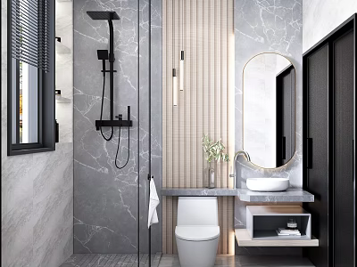 Modern Bathroom Interior With Gray Marble Walls Wooden Stripes Round Mirror And White Toilet 3d model