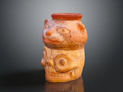 Terracotta Ceramic Vessel With Animal Head Skull Carvings And Red Brown Beige Textured Surface 3d model