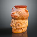 Terracotta Ceramic Vessel With Animal Head Skull Carvings And Red Brown Beige Textured Surface