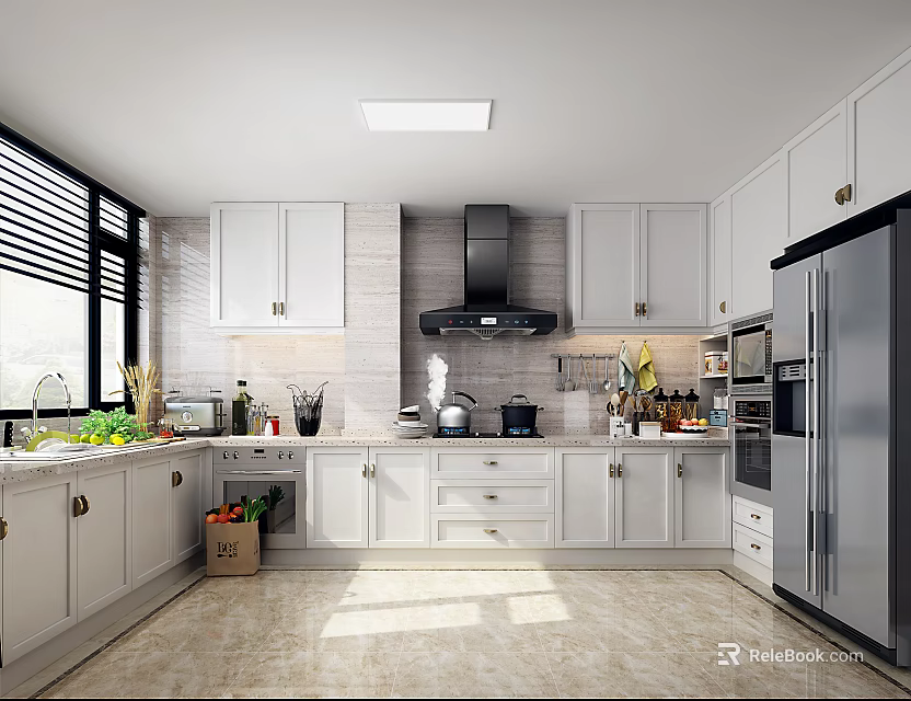 Modern Kitchen Interior With White Cabinets Stainless Steel Appliances And Range Hood 3d model 