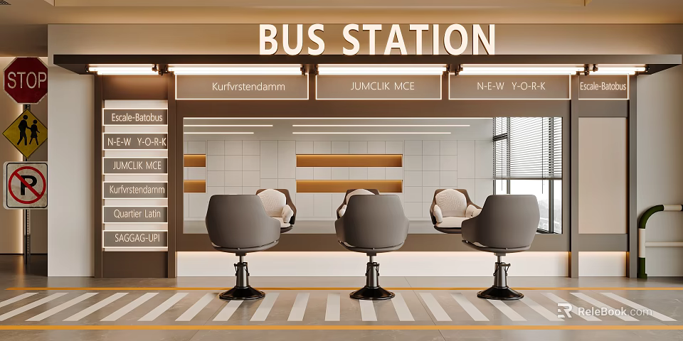 Modern Hair Salon Interior With Three Gray Styling Chairs And Large Mirror 3d model 