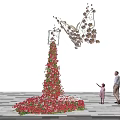Butterfly Shaped Floral Installation With Tall Flower Arrangement And People Interacting On Checkerboard Floor