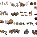 Traditional Agricultural Equipment Including Stone Mill Handcart Bamboo Baskets And Clay Pots With Hanging Crops