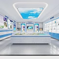 Modern Educational Classroom With Blue Walls White Shelves Sky Ceiling And Display Items
