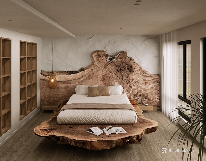 Rustic Bedroom Interior With Wooden Stump Headboard Bed Pillows Bookshelves Textured Wall And Hanging Lamp 3d model 