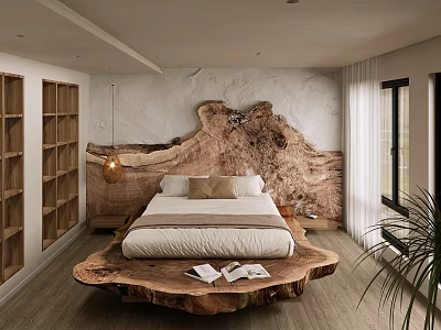 Log Wind Silent Wind Homestay Bed Solid Wood Bed Double Bed Solid Wood Board Bedroom Sleeping Room Guest Room Background Wall 3d model