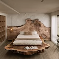 Rustic Bedroom Interior With Wooden Stump Headboard Bed Pillows Bookshelves Textured Wall And Hanging Lamp