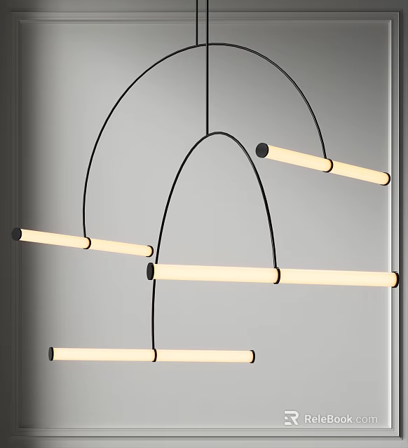 Modern Linear Chandelier With Black Frame And Slim LED Light Tubes Design 3d model