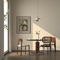 Modern Dining Table With Chairs Vase Flowers Wall Art Pendant Lamp Greenery And Natural Light