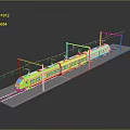 Green and Yellow Electric Train with Multiple Carriages on Railway Track and Overhead Catenary System