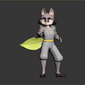Animated Game Character With Pink Ears White Outfit Yellow Belt Green Leaf Standing Pose