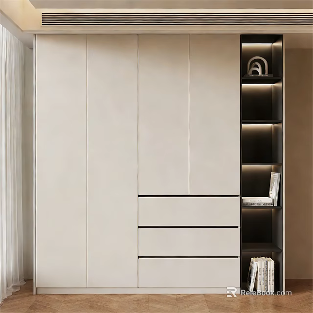 Modern Light Colored Wardrobe With Cabinets Drawers And Open Shelves With Lighting And Books 3d model 