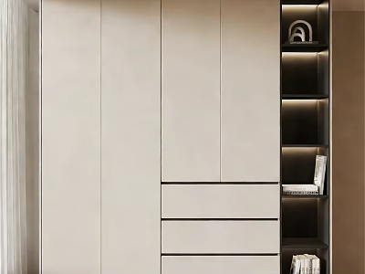 Modern Light Colored Wardrobe With Cabinets Drawers And Open Shelves With Lighting And Books 3d model