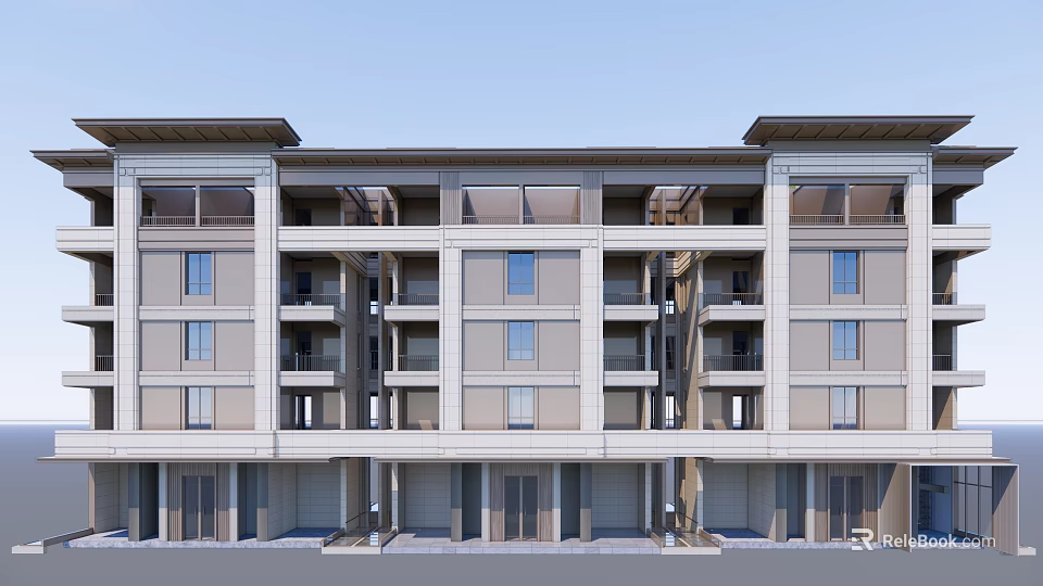 Modern Multi Story Residential Building With Light Exterior Balconies Windows And Ground Entrances 3d model 