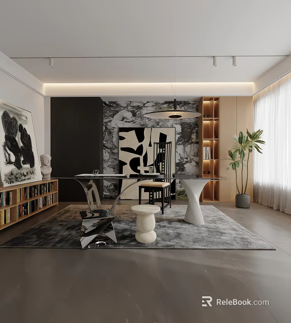 Modern Study Room Interior With Glass Desk Bookshelves And Black White Art Painting 3d model 