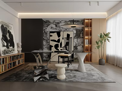 Modern Study Room Interior With Glass Desk Bookshelves And Black White Art Painting 3d model