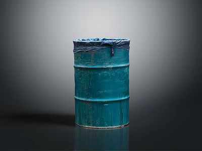 Green Worn Barrel With Blue Lid On Dark Reflective Surface 3d model