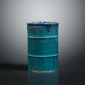 Green Worn Barrel With Blue Lid On Dark Reflective Surface 3d model