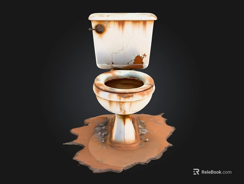 Old Rusted Toilet With Cracked Tank And Dirty Stains Around Base 3d model 