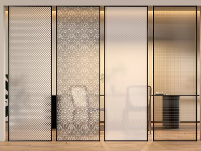 Modern Interior Screen With Patterned And Mesh Designs Alongside Chairs And Desk 3d model