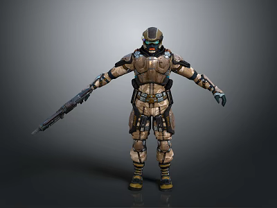 Futuristic Sci Fi Armored Warrior Character In Tactical Armor Holding Rifle Standing Pose 3d model