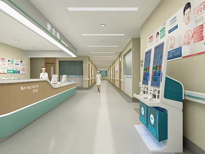 Medical Waiting Area With Nurse Station Self service Kiosks And Medical Posters 3d model