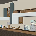 Modern TV Stand with Multiple Shelves Books Decorative Items and Wall Artworks on Wooden Floor