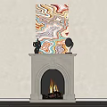 Elegant White Carved Fireplace With Colorful Artwork Sculpture Gramophone And Flames