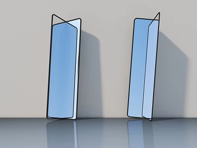 Two Modern Blue Mirrors with Black Frames on Gray Surface Against Light Wall 3d model
