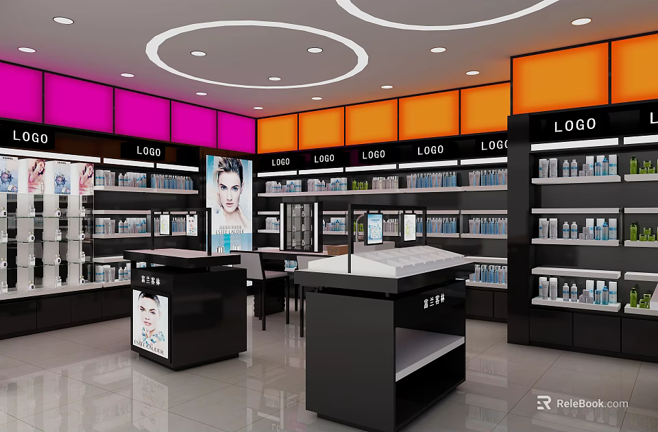 Modern Retail Store Interior With Pink Orange Panels Shelves Display Counters And Products 3d model 