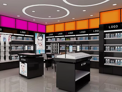 Modern Retail Store Interior With Pink Orange Panels Shelves Display Counters And Products 3d model