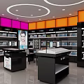 Modern Retail Store Interior With Pink Orange Panels Shelves Display Counters And Products