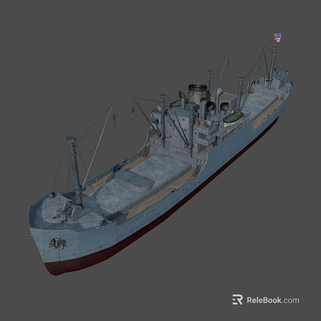 Vintage Warship 3D Model with Wooden Deck Metal Masts and Smokestack 3d model 