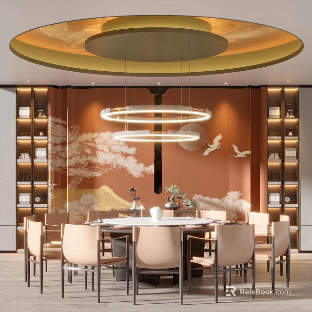 Modern Elegant Restaurant Interior With Round Dining Table Circular Chandelier Decorative Mural And Bookshelves 3d model 