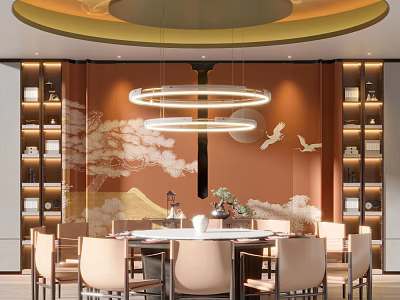 Modern Elegant Restaurant Interior With Round Dining Table Circular Chandelier Decorative Mural And Bookshelves 3d model