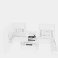 Modern White Kitchen With Glass Door Cabinets And Marble Island