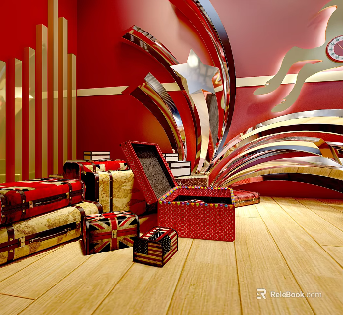 Tall Arbor Trees in Red Background with Golden Decorations Metal Curved Accents and Wooden Floor 3d model 