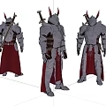Game and Movie Character in Detailed Armor with Red Horns and Red Cape Fantasy Style