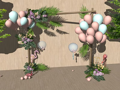 Light Green Pink and Blue Balloons Arch Decorated with Flowers Green Leaves and Plants 3d model