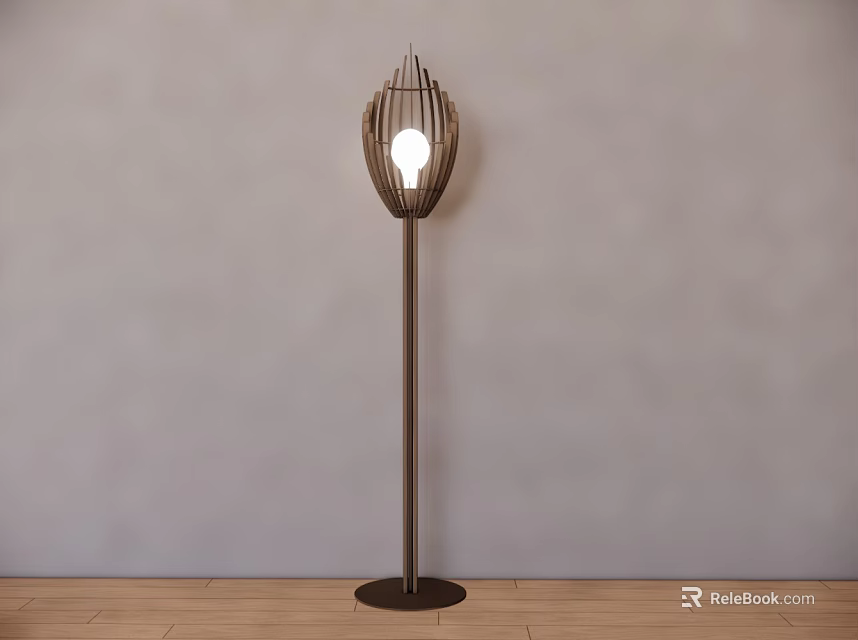 Modern Floor Lamp With Metal Stand And Woven Shade Illuminated In Interior 3d model 