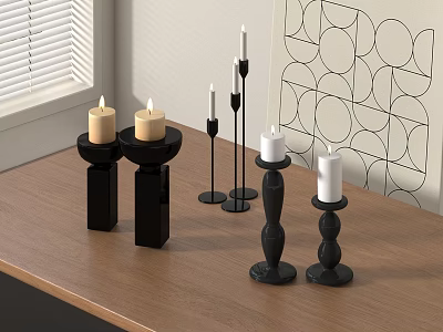 Black Candle Holders With Candles On Wooden Table Near Geometric Pattern Wall And Window Blinds 3d model