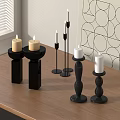 Black Candle Holders With Candles On Wooden Table Near Geometric Pattern Wall And Window Blinds