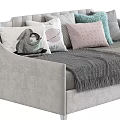 Gray and Blue Upholstered Toddler Beds with Decorative Pillows and Blankets