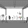 Commercial Equipment Setup With Truss Structures Lighting Softboxes Microphones And Audio Gear
